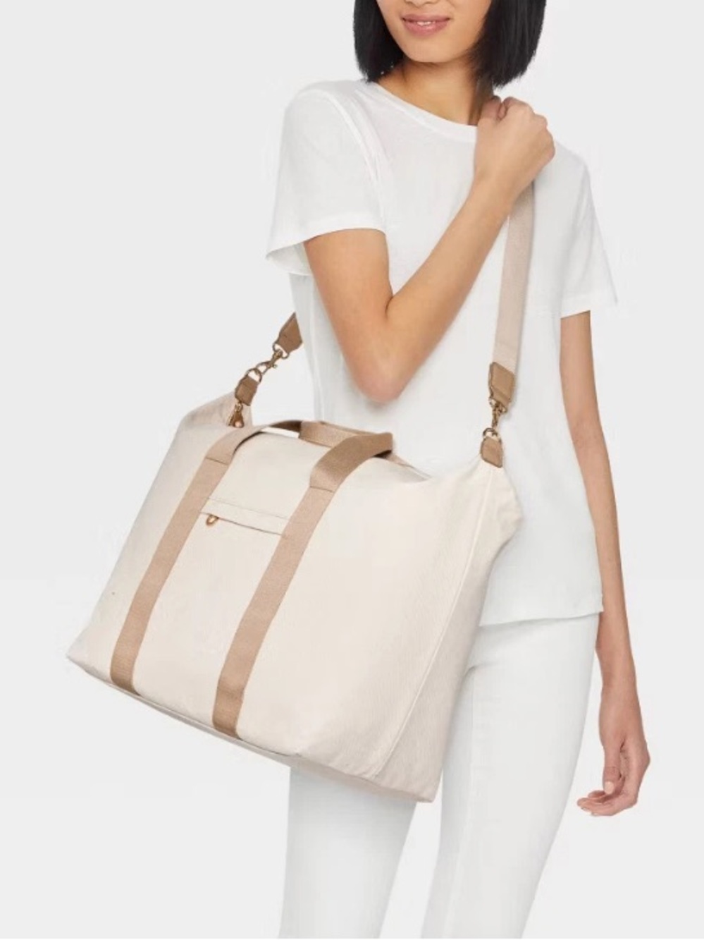 Universal Thread Cream Canvas Travel Tote with Tan Straps